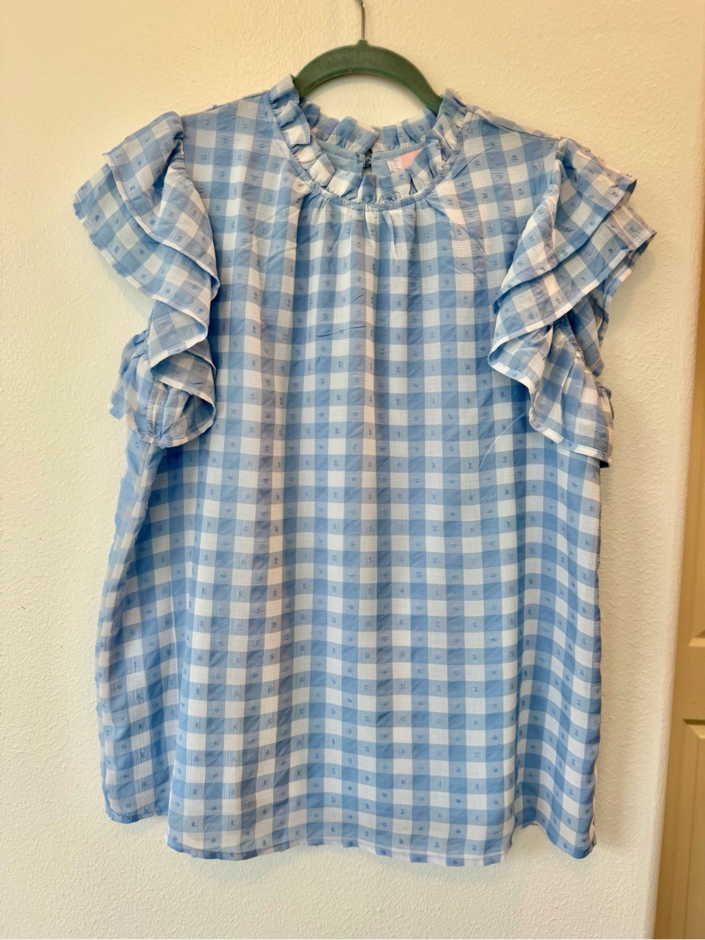 C+D+M Blue Gingham Swiss Dot Ruffle Sleeve Blouse | Mock Neck | Size M